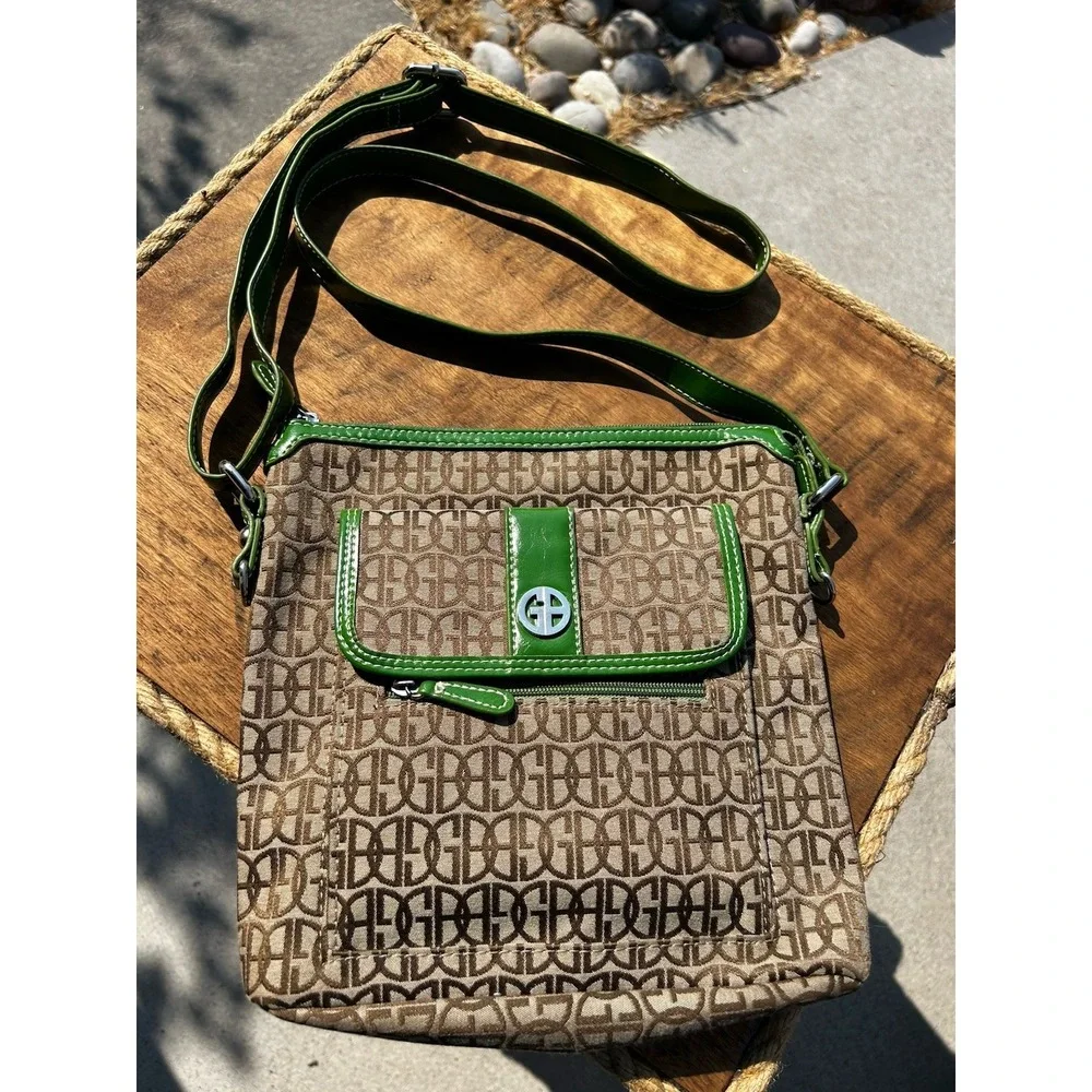 Giani Bernini Everything In Its Place Crossbody Bag Brown Monogram Green Trim